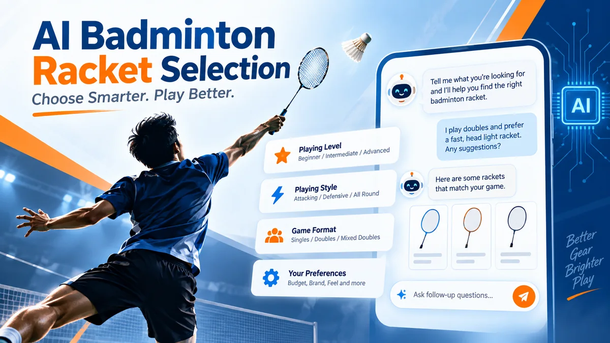 KhelGuru AI badminton racket selection tool showing playing level, style, game format and interactive racket recommendations