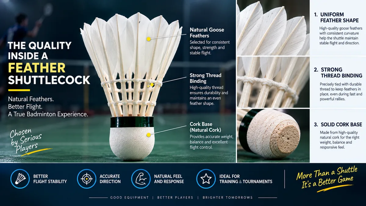 Quality features of a feather badminton shuttlecock including natural feathers, thread binding and cork base