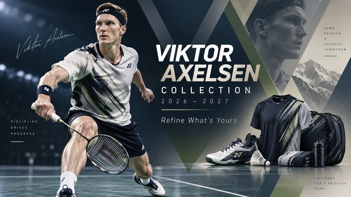 Viktor Axelsen Collection 2026–2027 badminton apparel, footwear and equipment inspired editorial graphic
