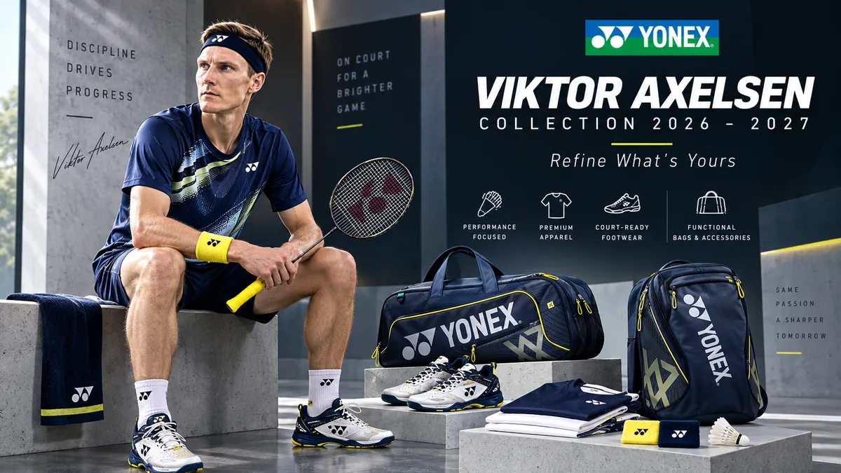 Editorial overview of Viktor Axelsen Collection 2026–2027 badminton apparel, shoes, bags and accessories